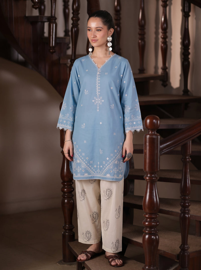 Aasman Embroidered 2PC Lawn Cotton – Sky Blue