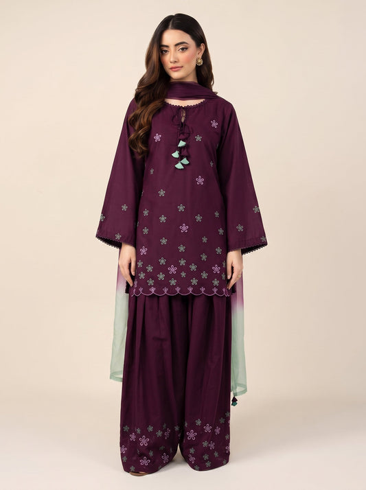 Wine Embroidered 3PC Lawn Cotton – Wine Red