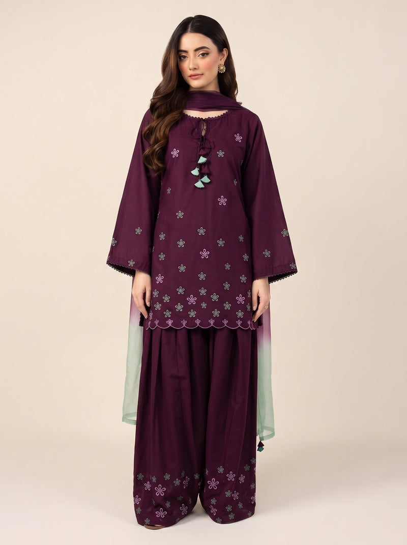 Wine Embroidered 3PC Lawn Cotton – Wine Red