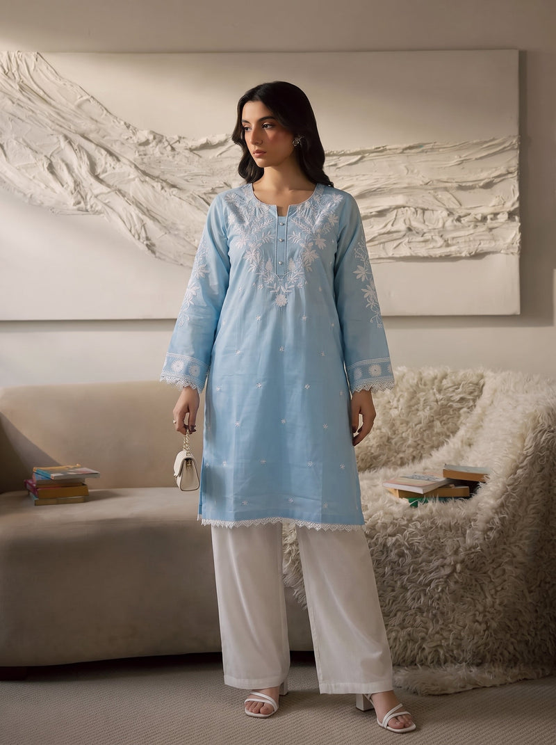 Sky Fall Embroidered 2PC Cotton Lawn – Sky Blue